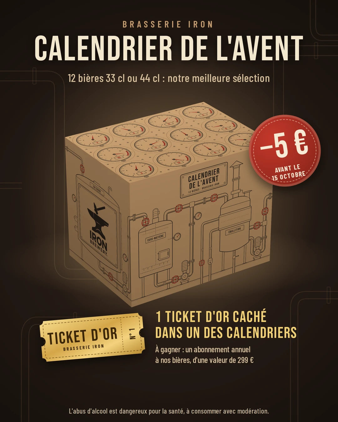 Calendrier de l’avent de la Brasserie Iron : 12 bières en 33 cl ou 44 cl, −5 € avant le 15 octobre, et un ticket d’or caché dans l’un des calendriers